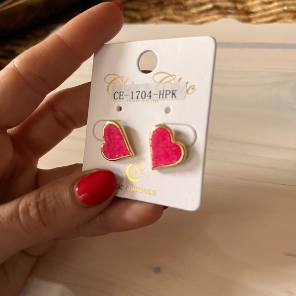 Hot Pink Druzy Heart Stud Earrings for Women Sparkly Gold Tone Bezel Large Studs - Picture 4 of 6